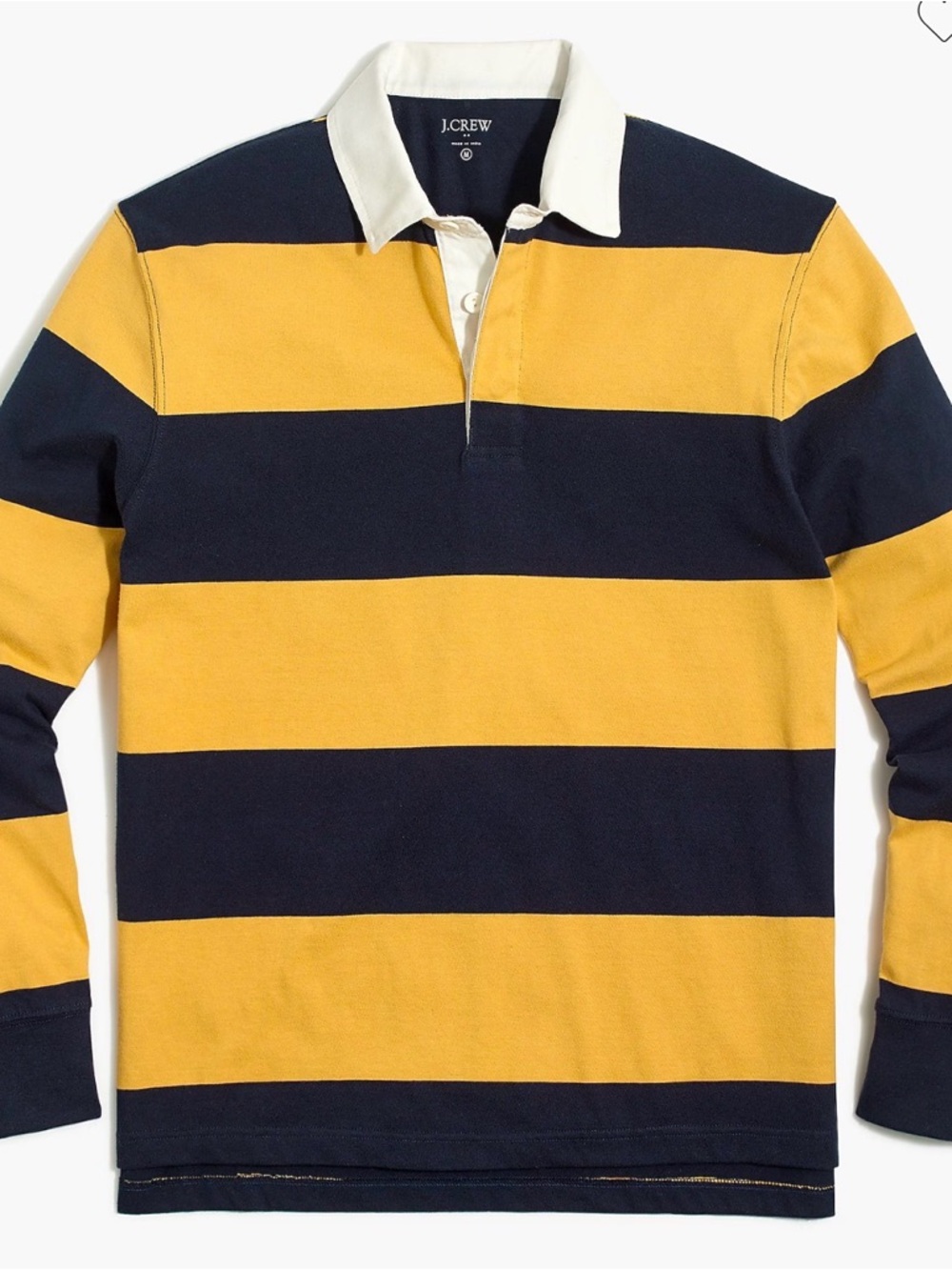 J. Crew Men’s Navy and Mustard Wide-Stripe Rugby Polo